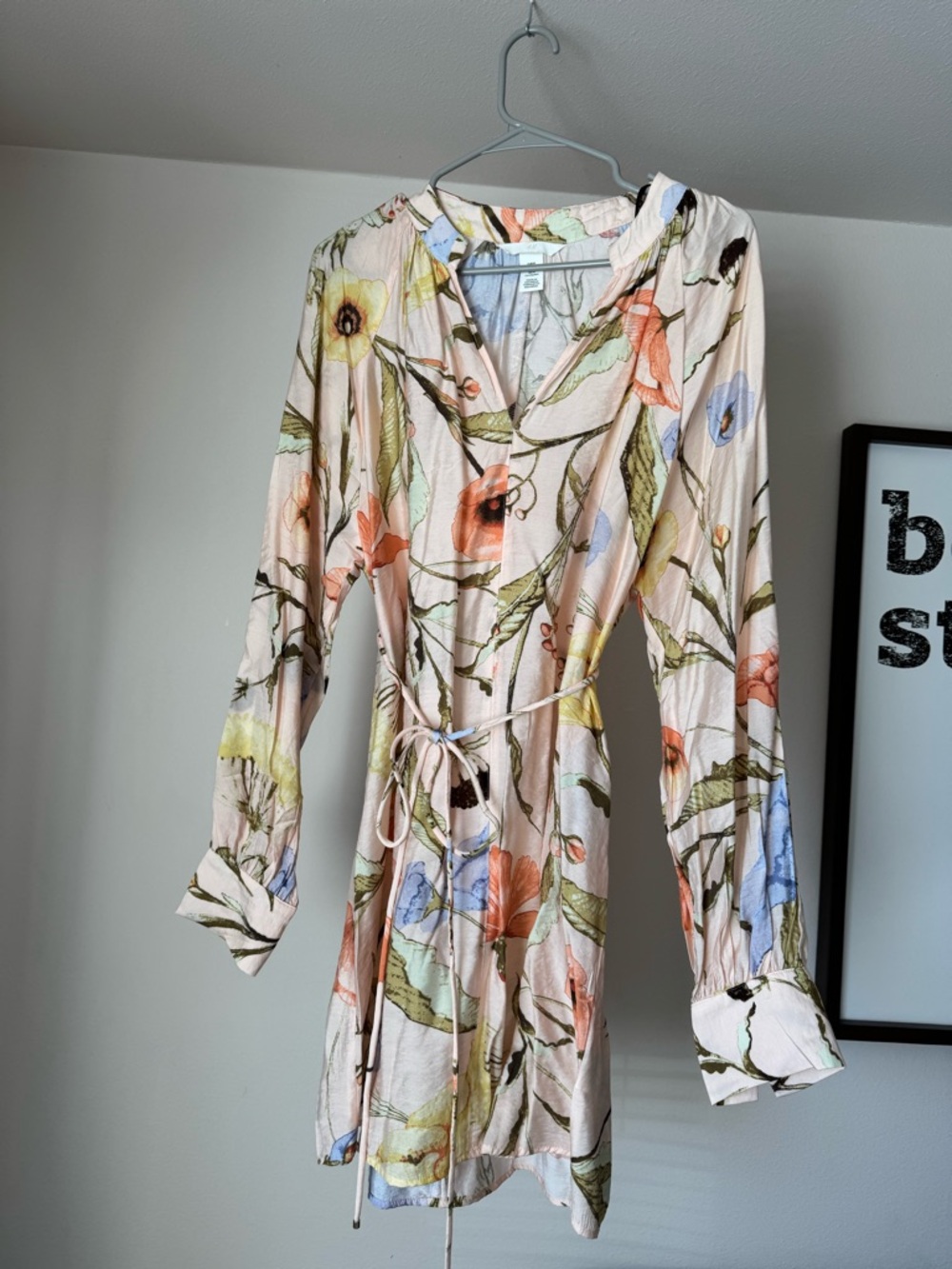H&M Floral Tie-Waist Long Sleeve Dress - Cream Multi